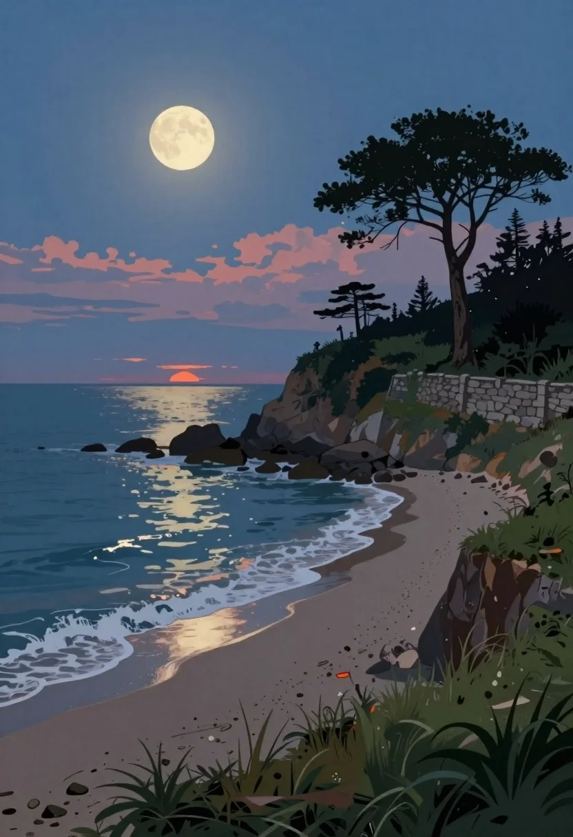 Digital Painting Serene Coastal Landscape Twilight Under Glowing Full Moon reference photo