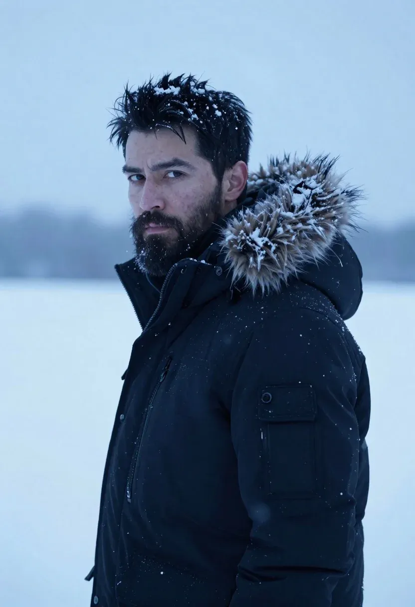 Rugged Man With Dark Hair And Beard Stands Snowy Landscape