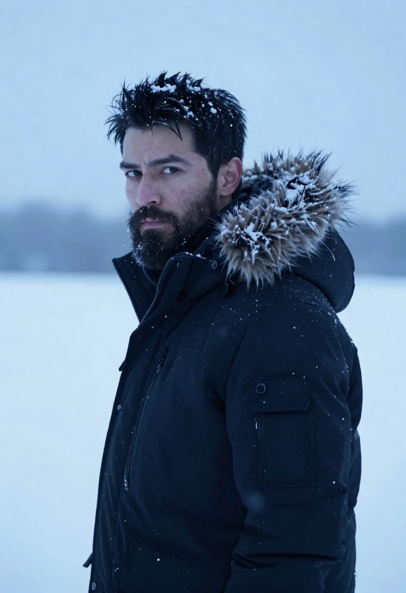 Rugged Man With Dark Hair And Beard Stands Snowy Landscape