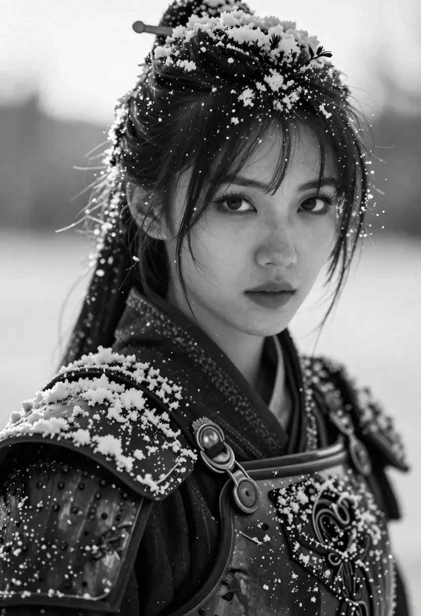 Monochromatic Close-up Portrait Determined Woman With Intense Gaze And Snow