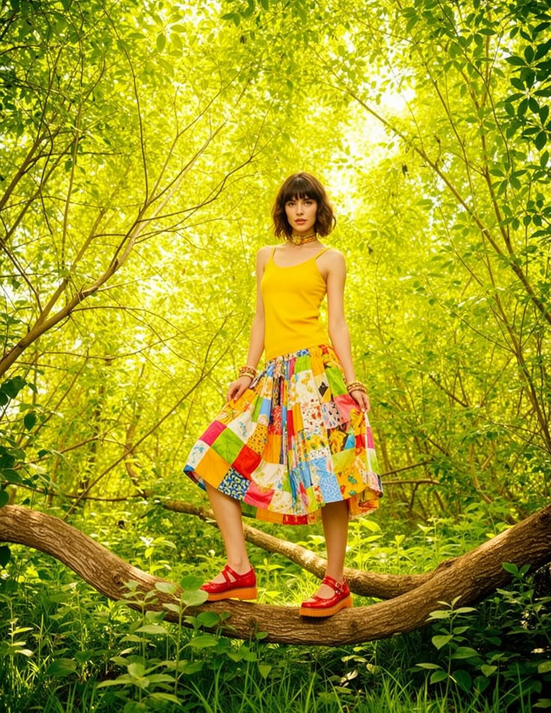 Yellow Tank Colorful Skirt Forest Branch