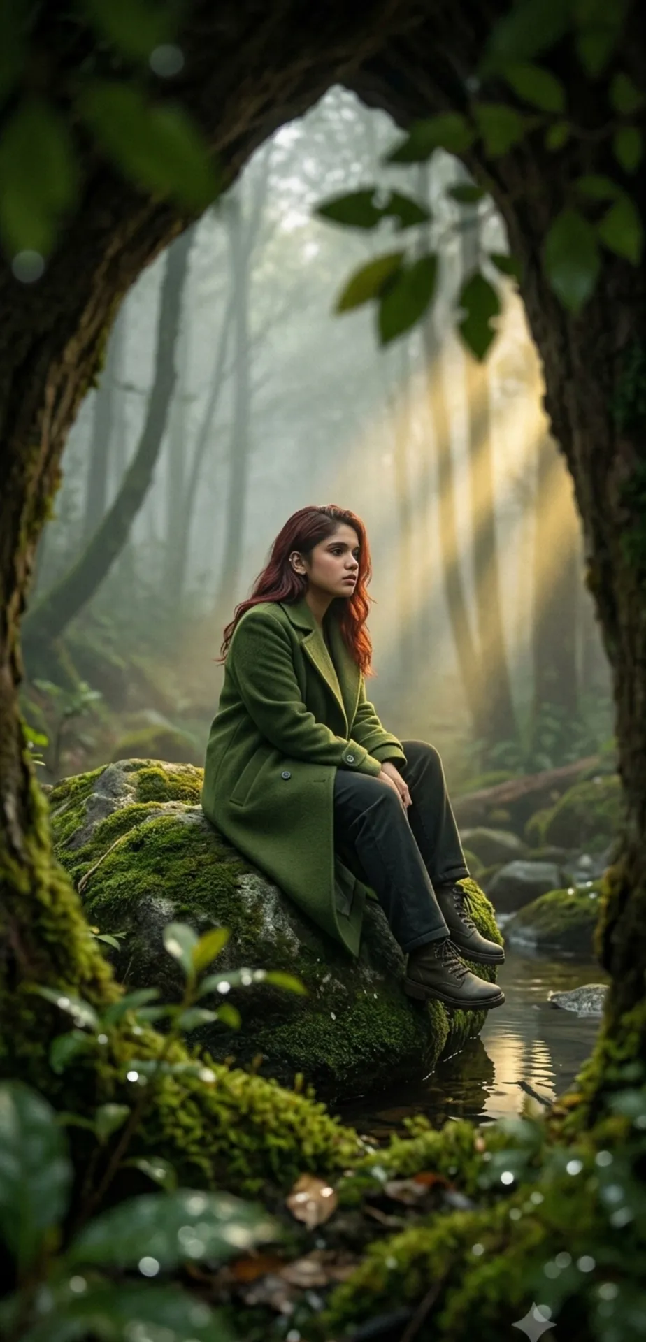 Misty Forest Stream Crossing Cinematic Scene