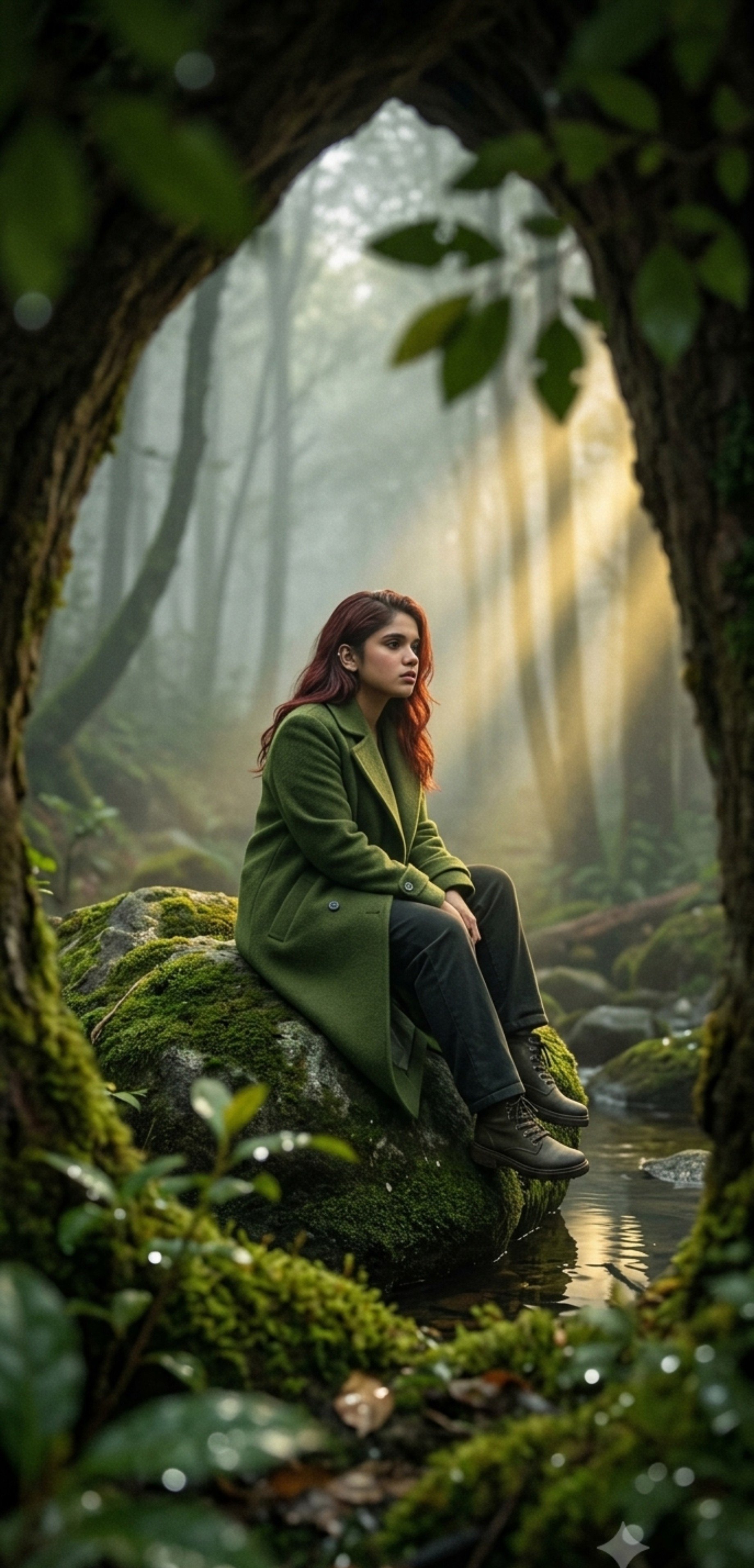 Misty Forest Stream Crossing Cinematic Scene