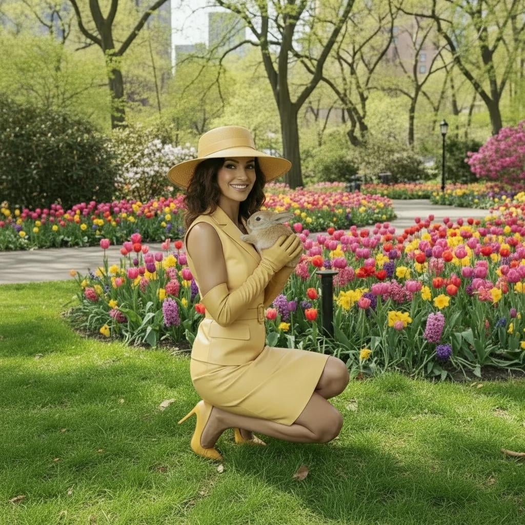Kneeling With Bunny In Yellow Dress Park Spring