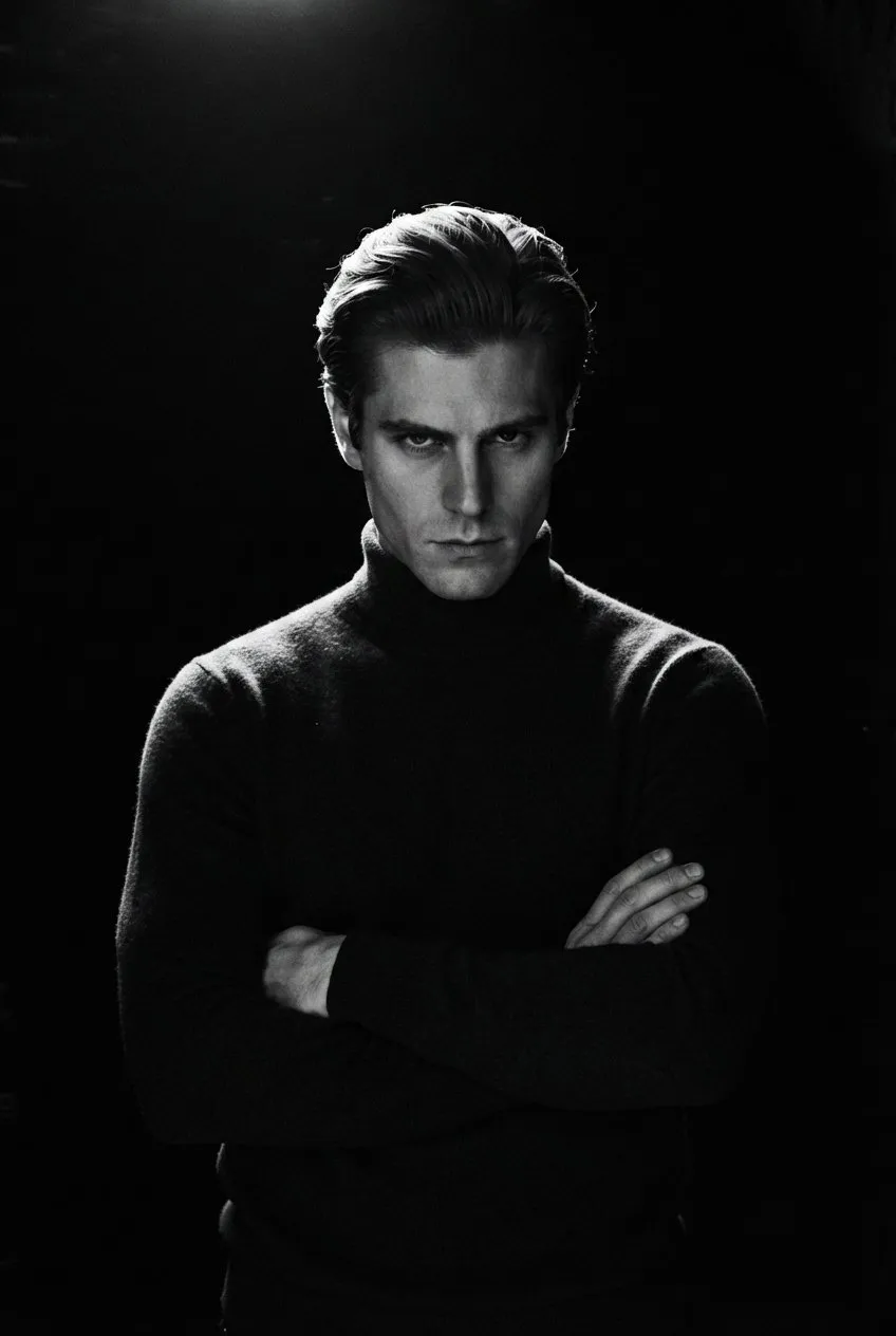 Dark Turtleneck Sweater And Has Arms Crossed In Camera
