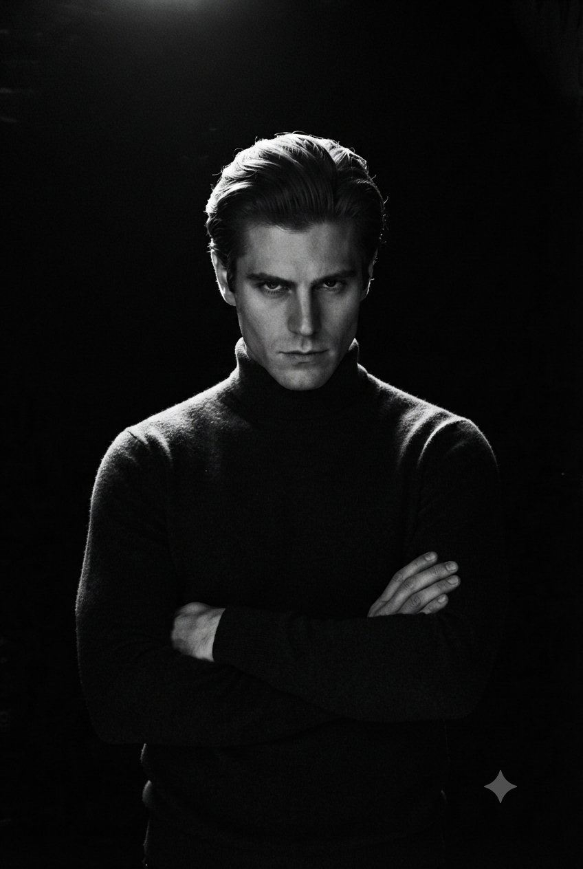 Dark Turtleneck Sweater And Has Arms Crossed In Camera