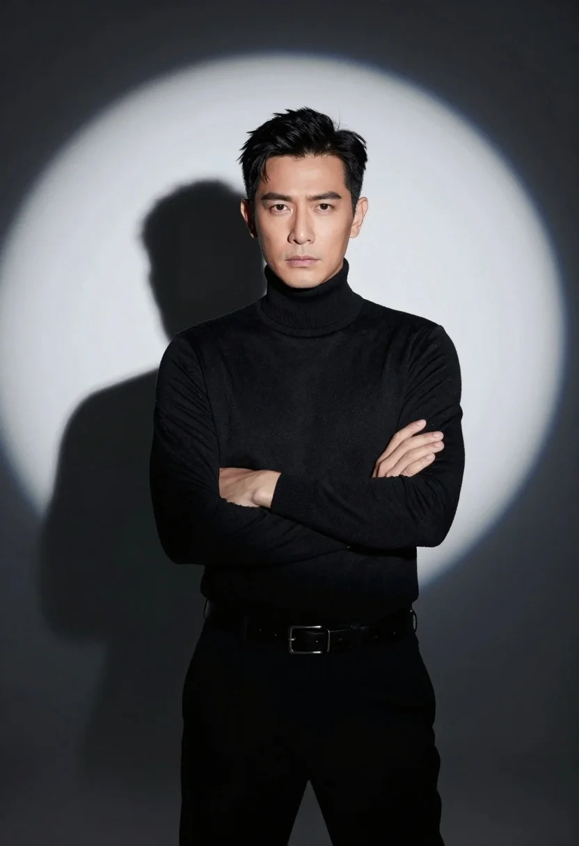 Confident Man Stands Centered Dramatic Spotlight Against Dark Background Subject