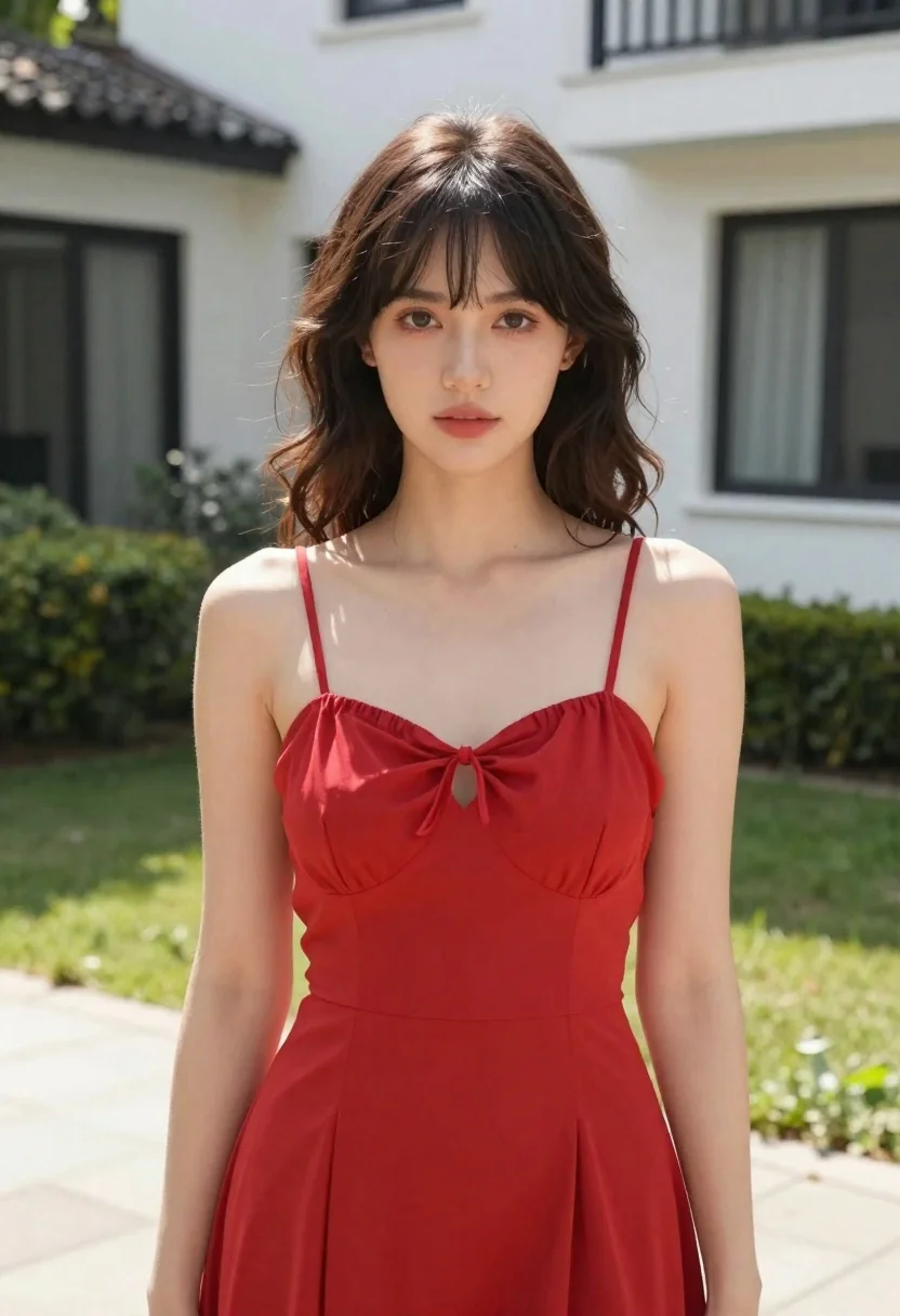 Young Woman With Dark Brown Wavy Hair And Bangs Stands reference photo