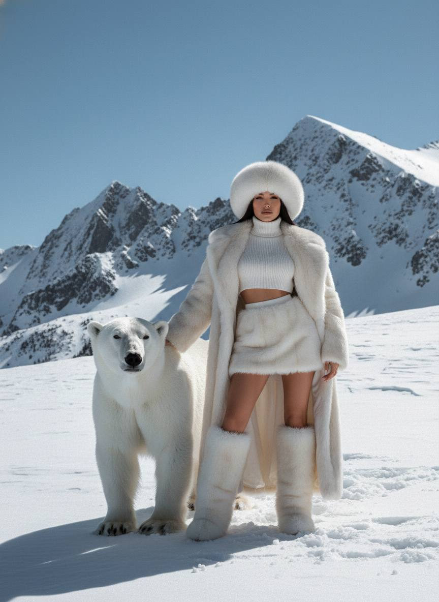 A confident woman in a monochrome ivory outfit stands beside a polar bear on a snow-covered mountain. Bright blue sky above.