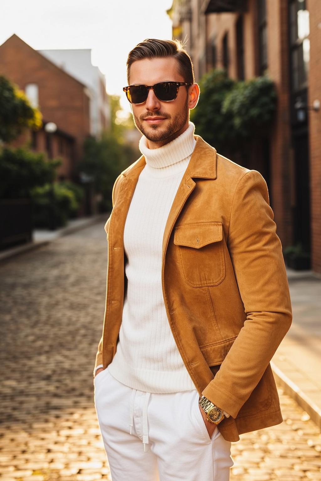 Brown Styled Light White Turtleneck Sweater Drawstring