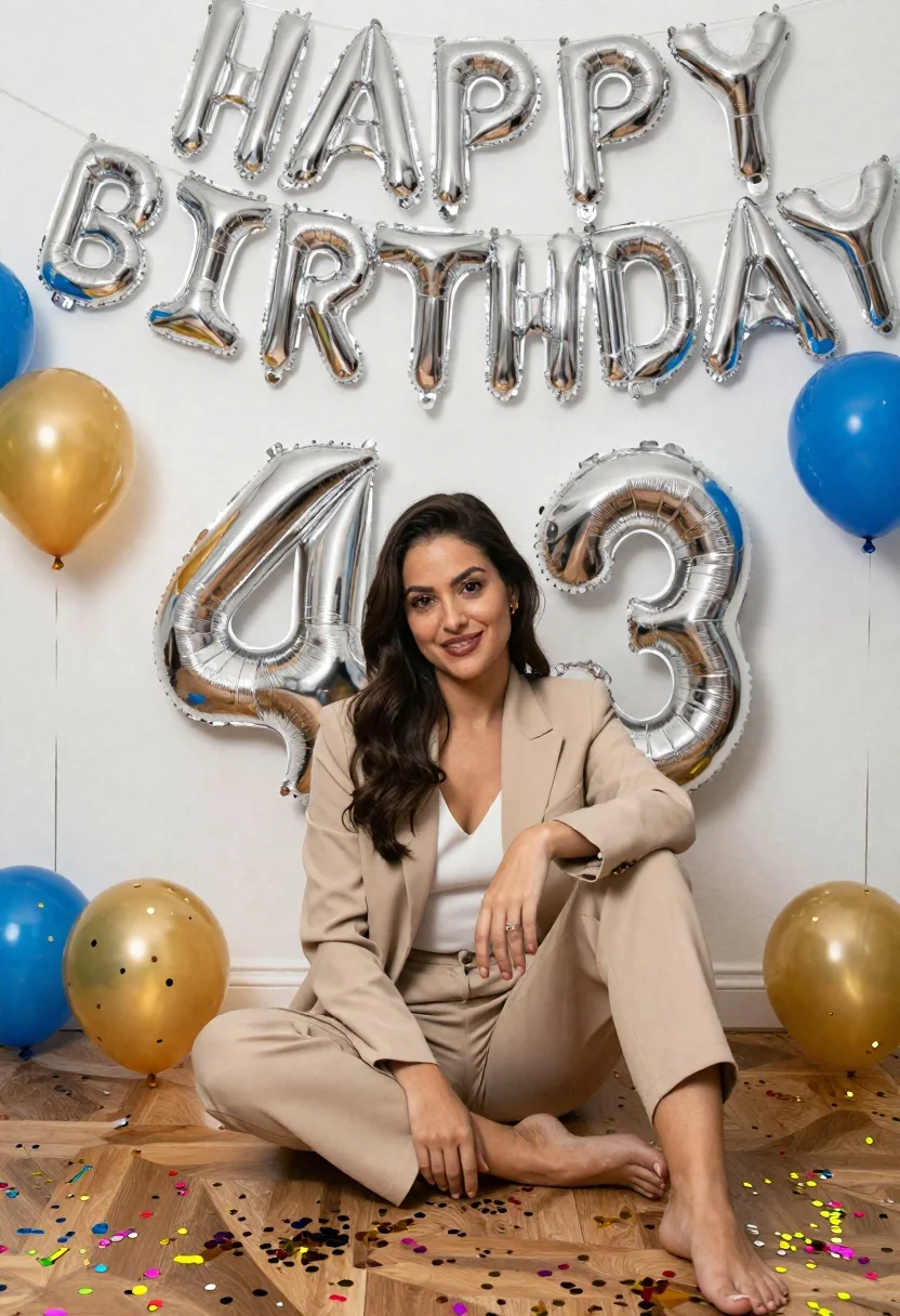 Photorealistic Indoor Portrait Woman Sitting The Floor During Her Birthday reference photo