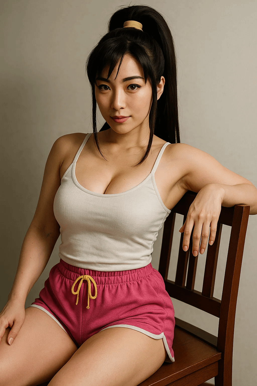 Resolution Medium Studio Seated On Dark Wooden Chair Against Plain