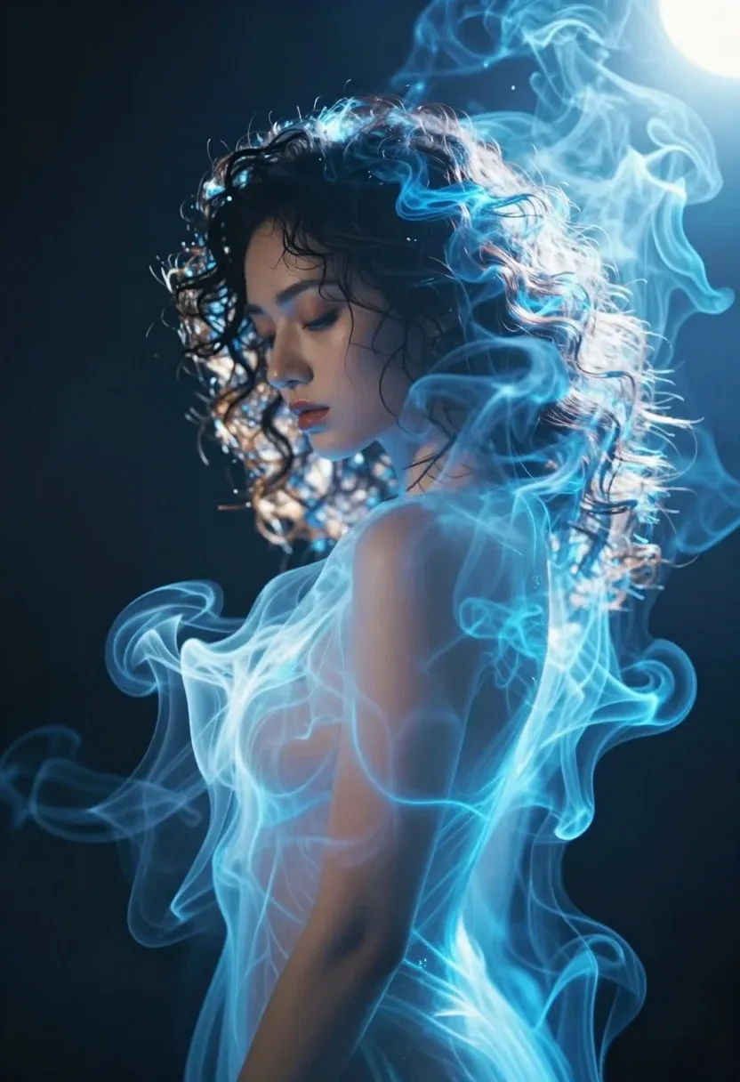 Mystical Portrait Woman Enveloped Swirling Blue Smoke That Merges With