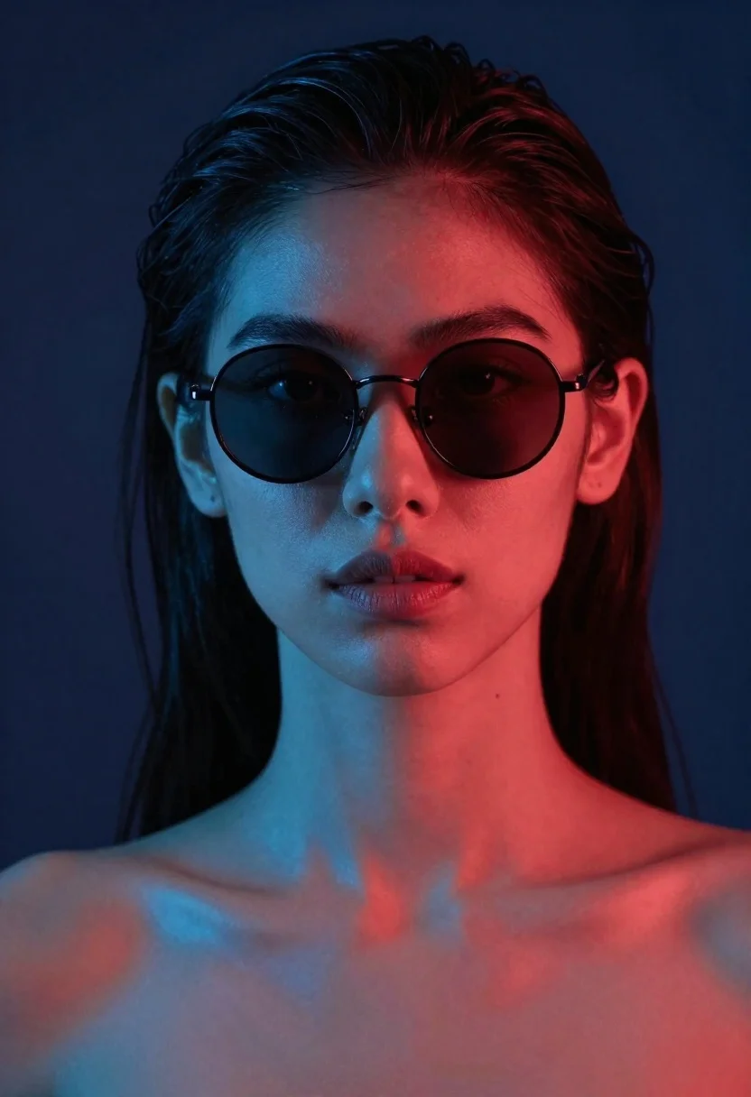 Close-up portrait of a young woman with dark hair in a sleek ponytail and round sunglasses, featuring dramatic blue and red lighting.