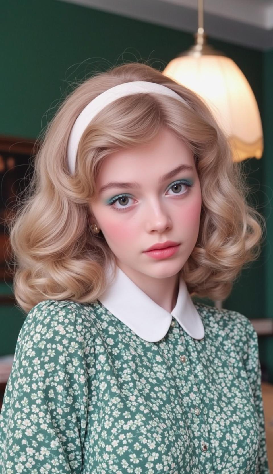 Blonde Woman Green Floral Dress Vintage