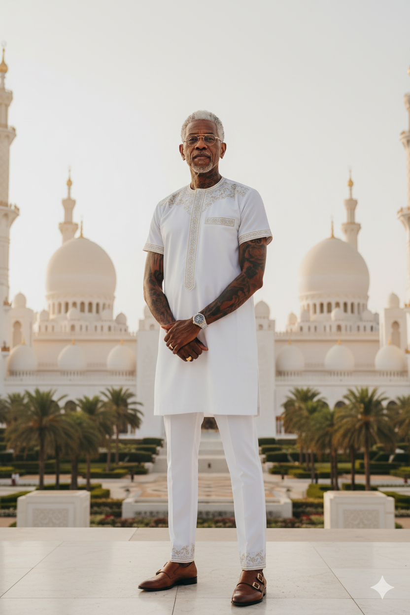 A tall athletic man in a refined thobe stands confidently before the Abuja National Mosque, showcasing warmth and elegance.