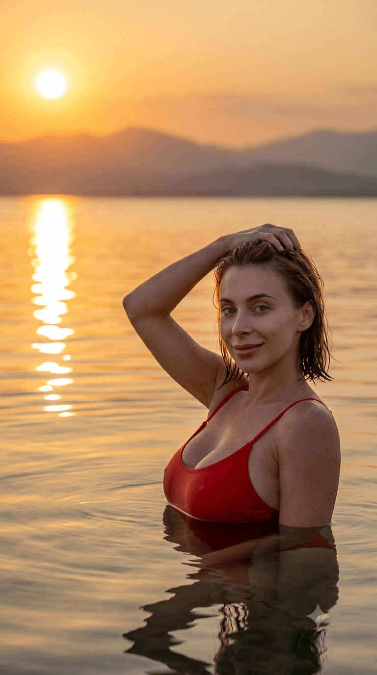 Red Swimsuit At Sunset Sea