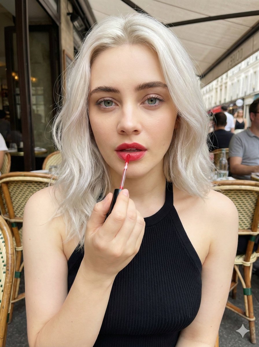 Close-up of a young woman with platinum blonde hair applying red lip gloss at an outdoor cafe, looking directly at the camera.