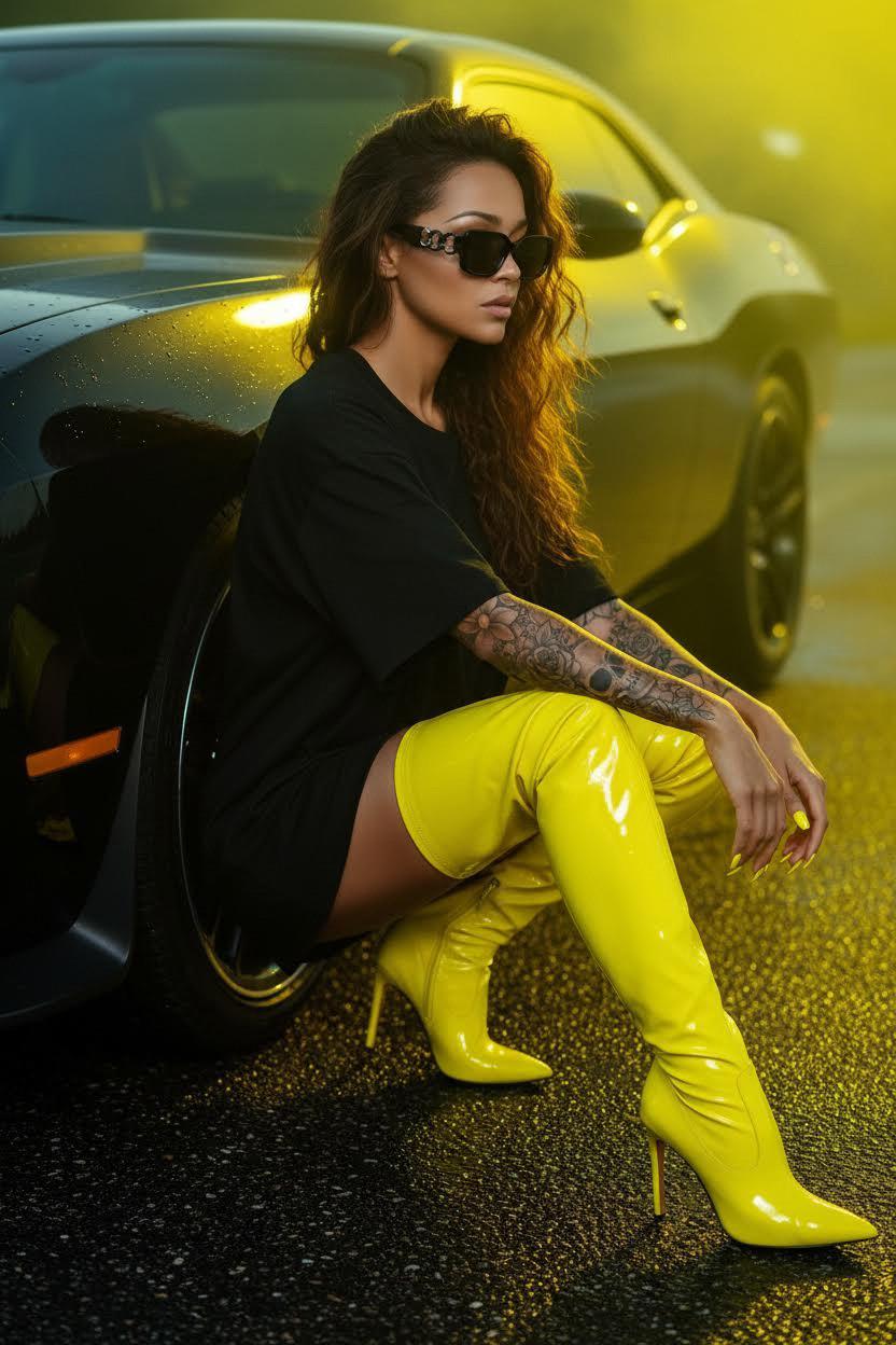 Yellow Boots Muscle Car Wet Asphalt Tattoos