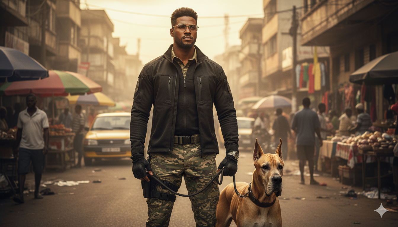 A tall, muscular soldier with glasses stands confidently on a busy African street, gripping the leash of a proud Great Dane amidst urban chaos.