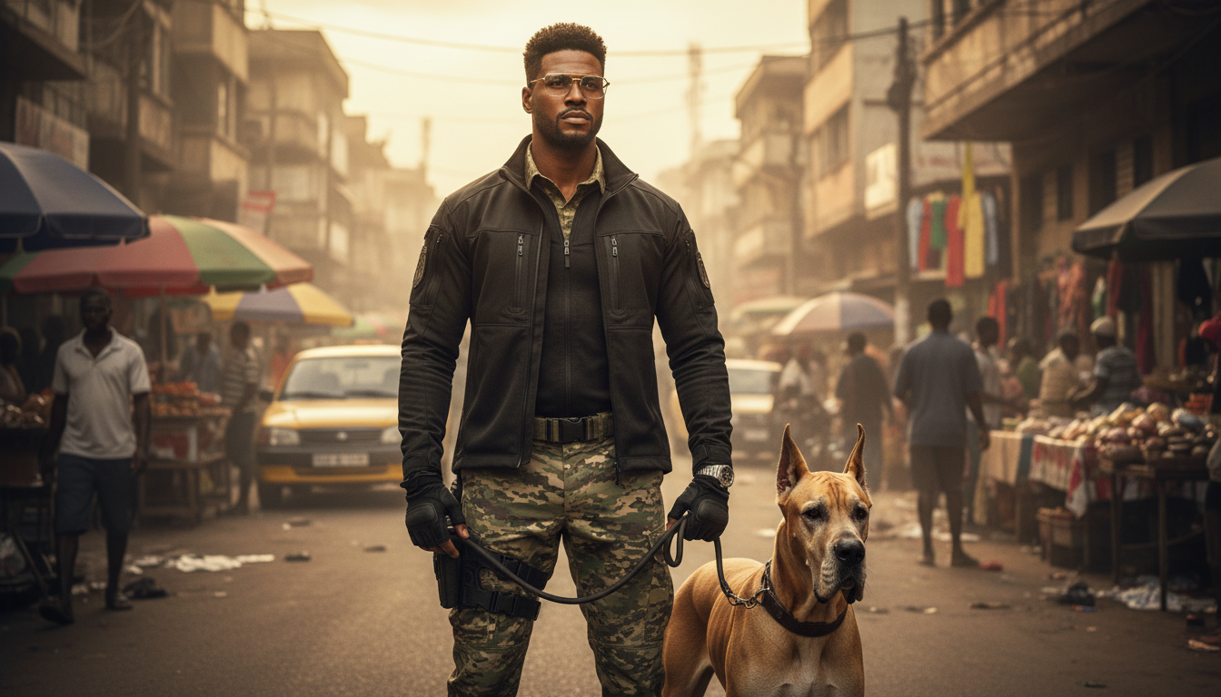 A tall, muscular soldier with glasses stands confidently on a busy African street, gripping the leash of a proud Great Dane amidst urban chaos.