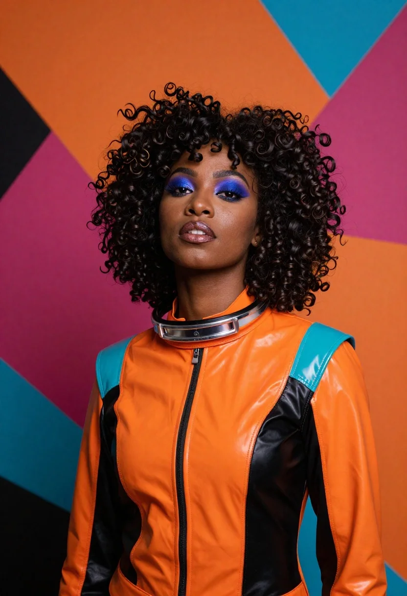 Portrait Confident Black Woman With Voluminous Dark Curly Hair Styled reference photo