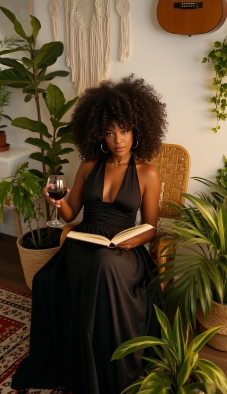 Afro Black Dress Wicker Chair Wine Book