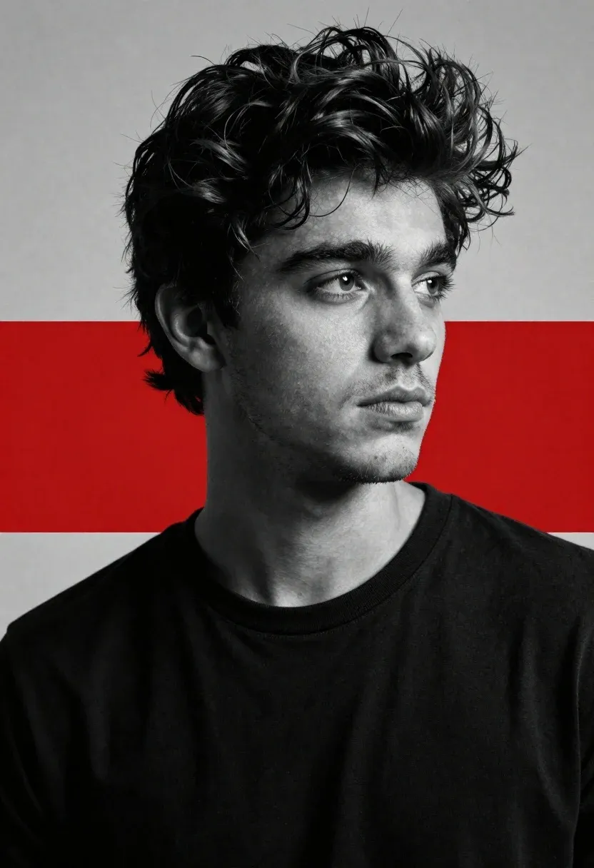 Cinematic Black-and-white Portrait Young Man With Tousled Dark Hair And
