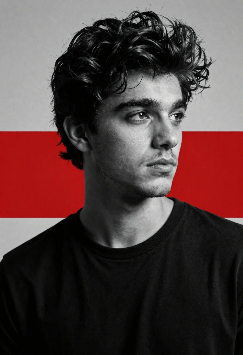 Cinematic black-and-white portrait of a young man with tousled dark hair, gazing thoughtfully against a bold red background.