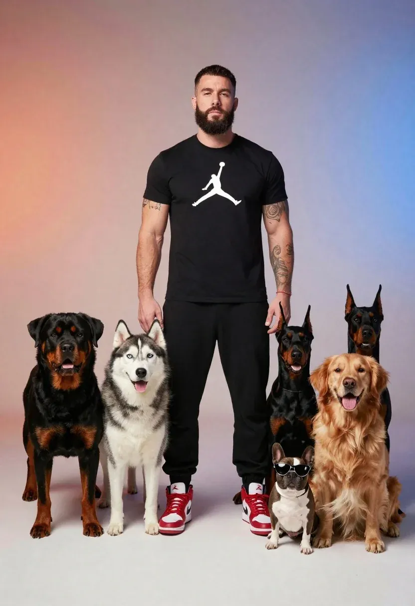 Studio Portrait Man Standing With Five Dogs Arranged Around Him