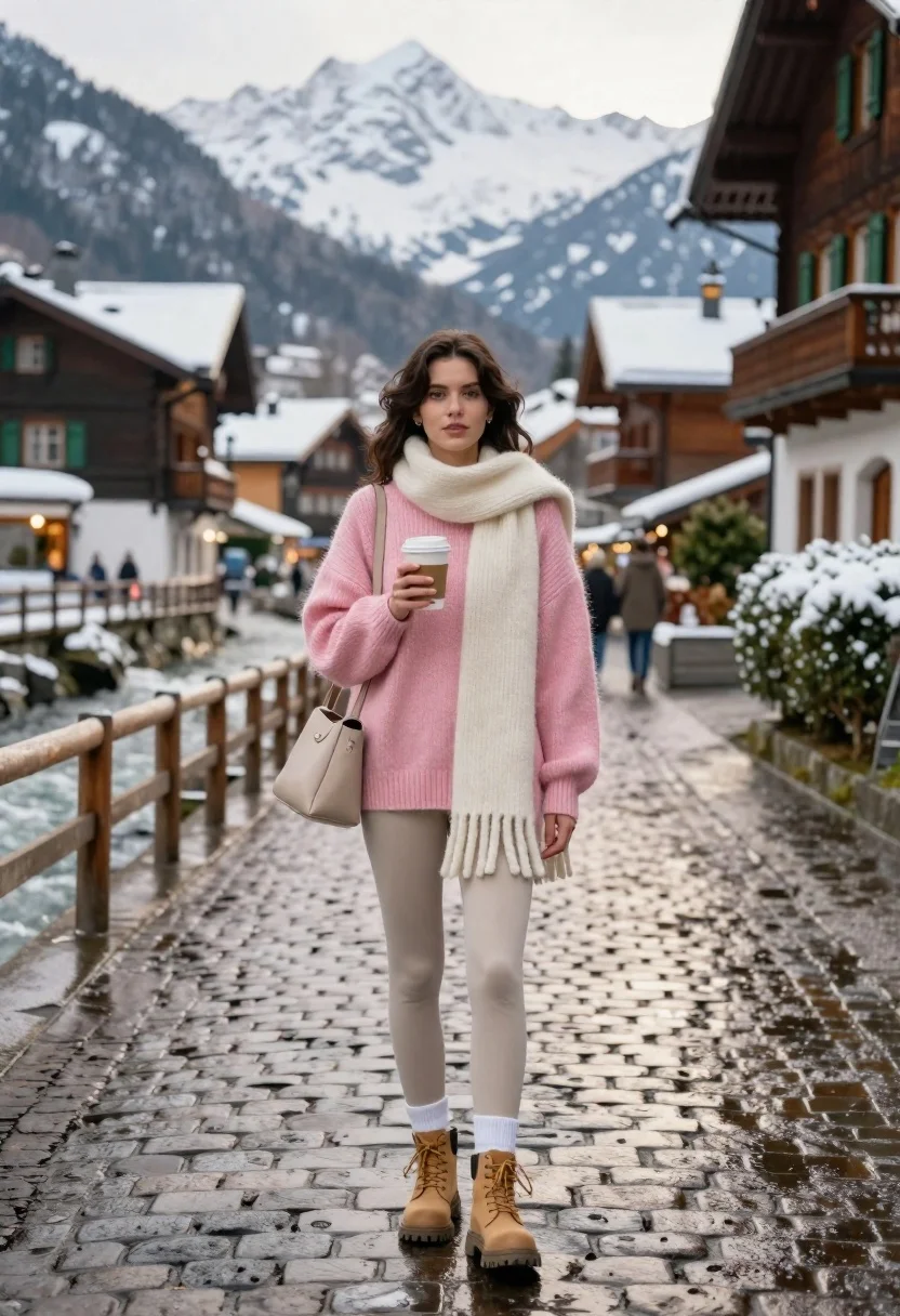 Young Woman Stands Confidently The Center Wet Cobblestone Street Picturesque