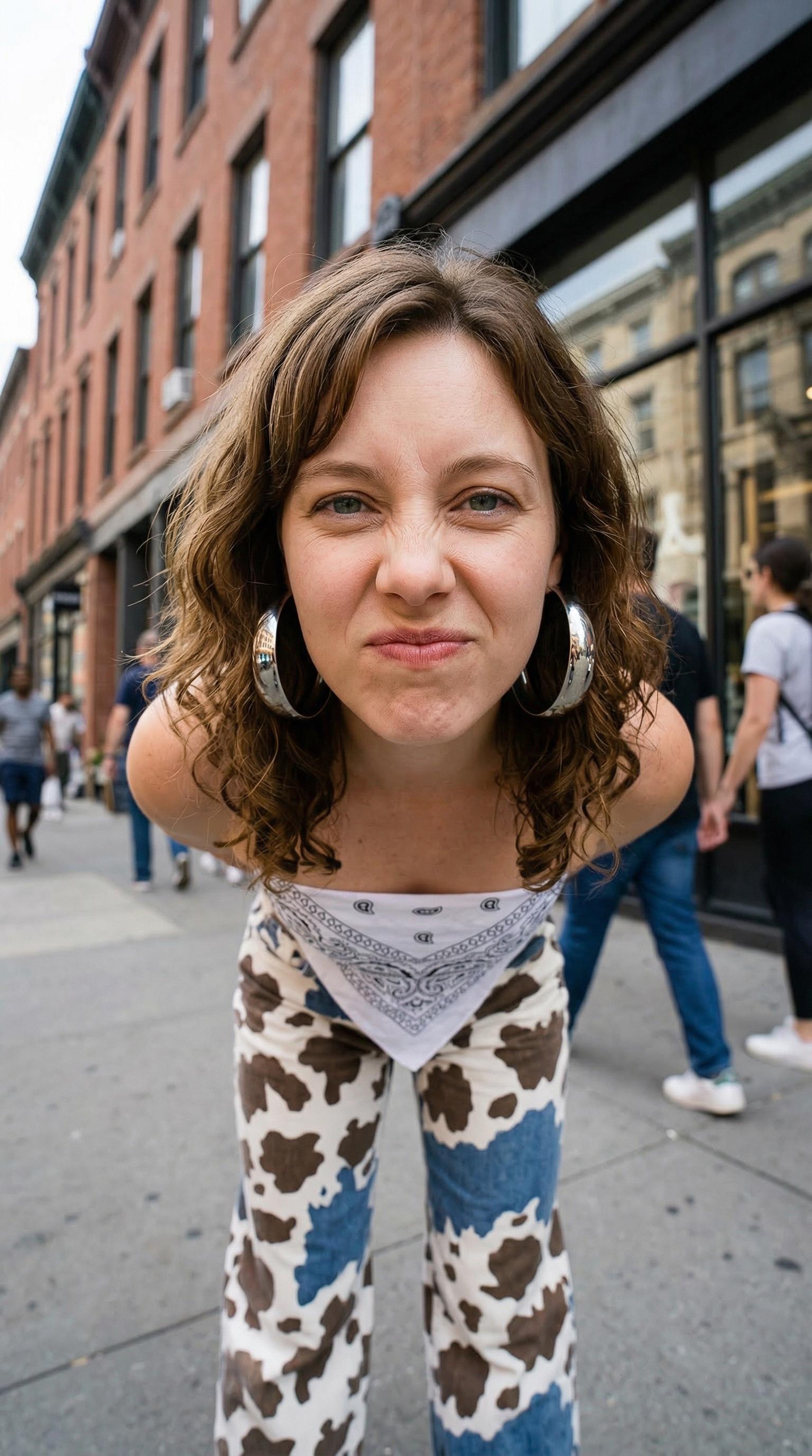 A woman with flowing curly hair leans towards the camera, showcasing a playful grimace and vibrant makeup in an urban environment.