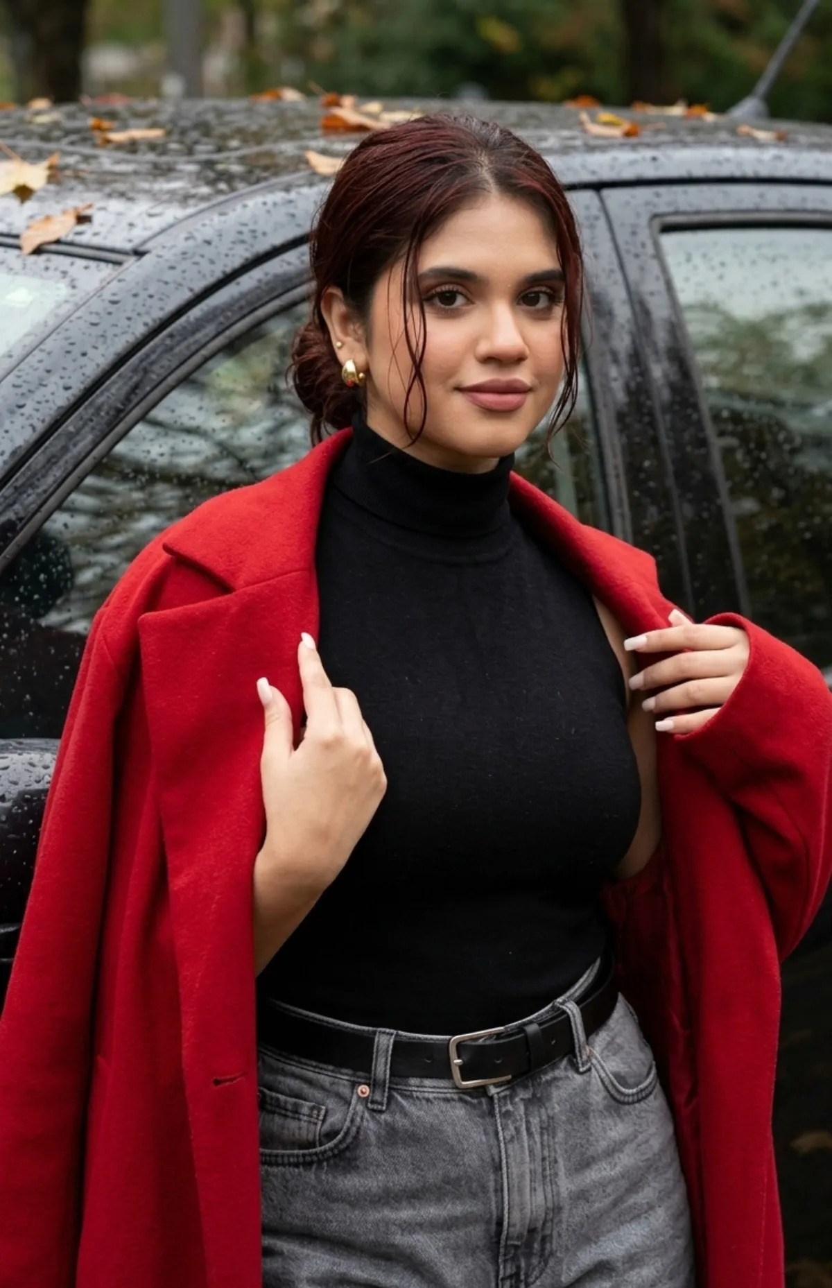 Earrings And Manicure In Coat Portrait