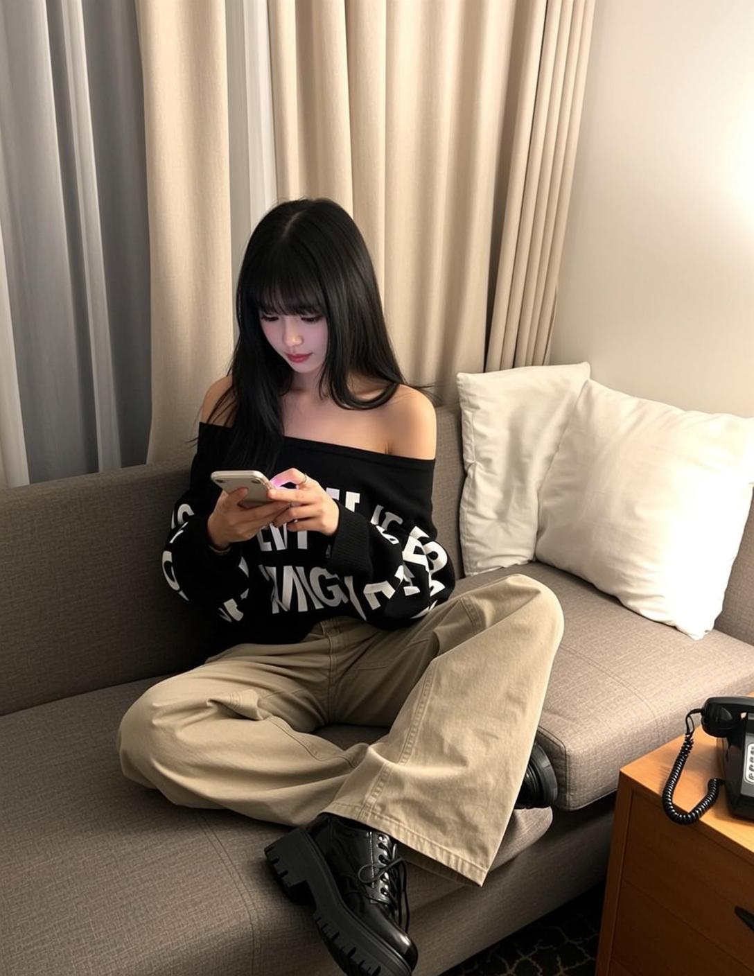 Black Sweater Sofa Phone Moment