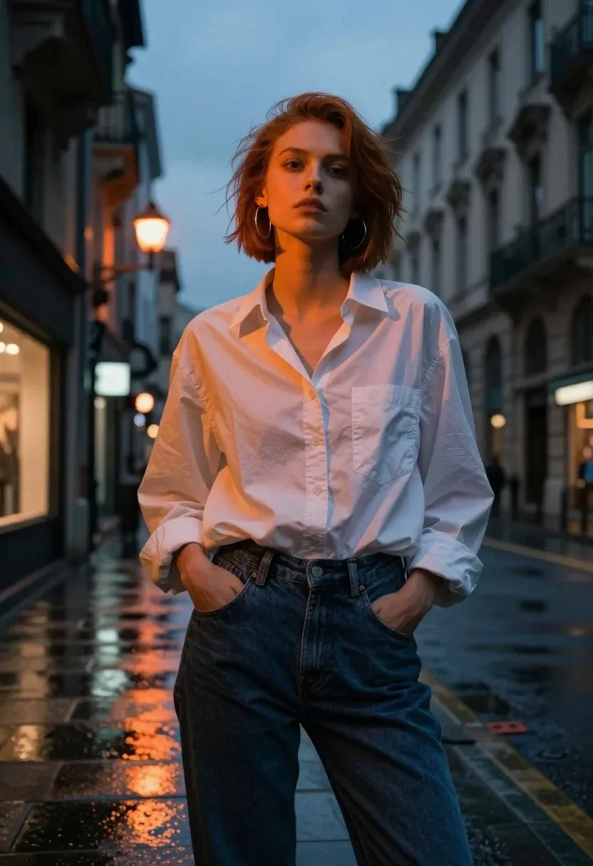 Young Woman With Short Reddish-brown Hair Stands Confidently Wet City