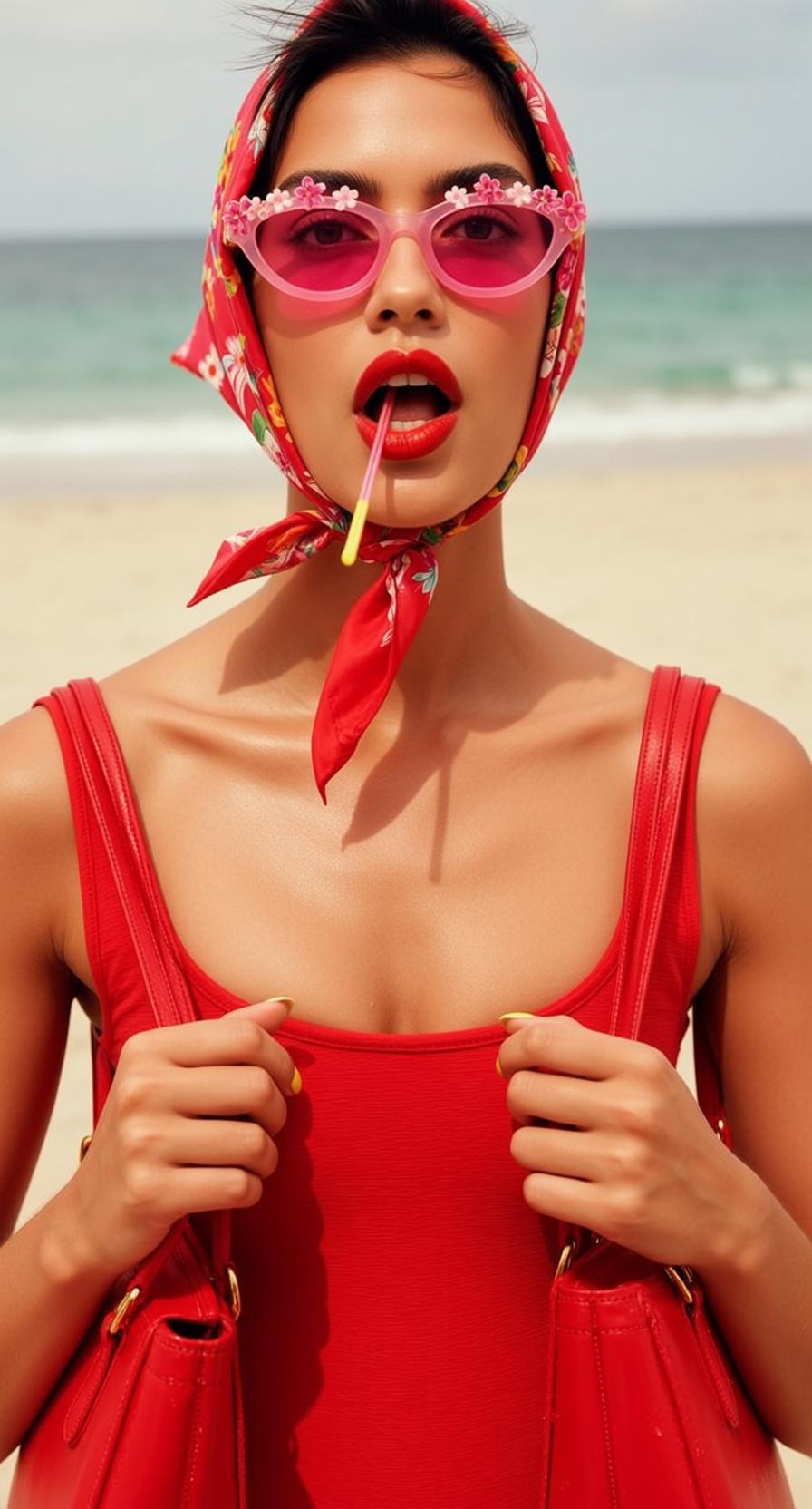Red Swimsuit Beach Sand Ocean