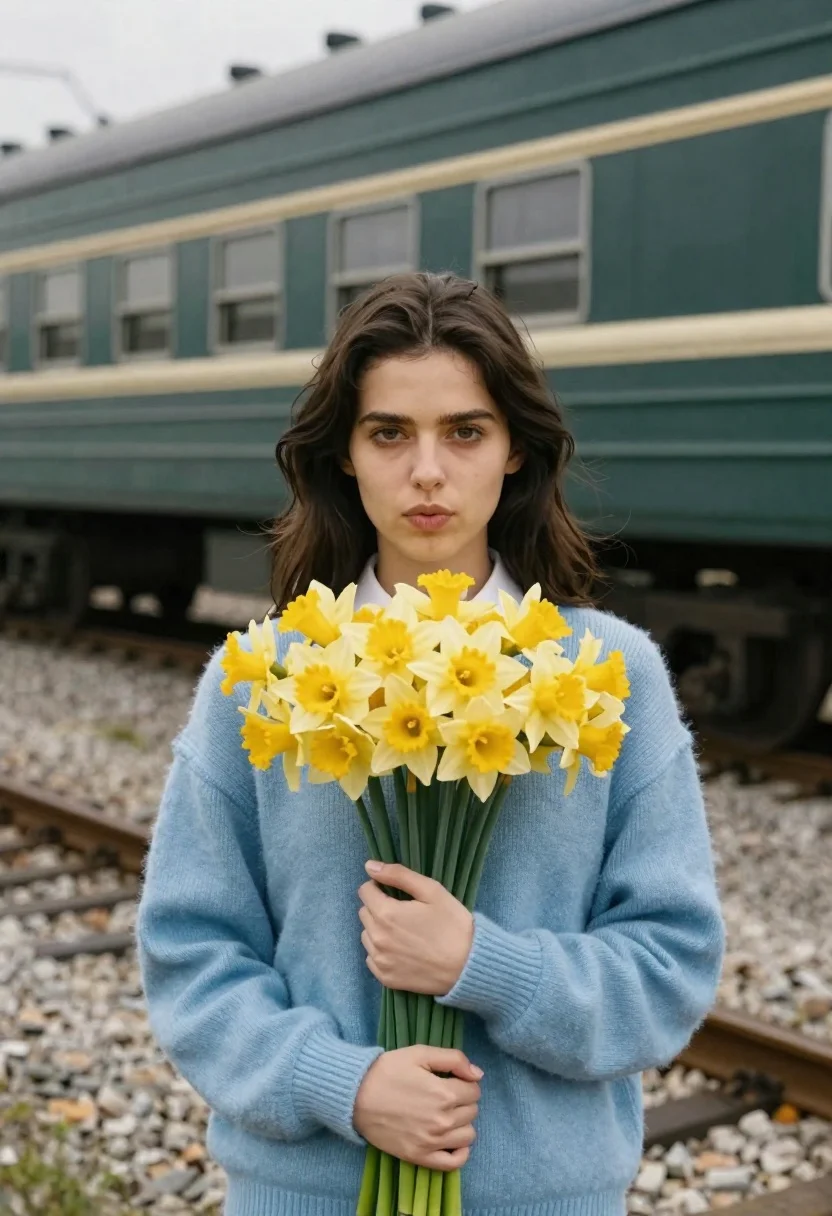 Young Woman Stands The Foreground Holding Large Bouquet Yellow Daffodils
