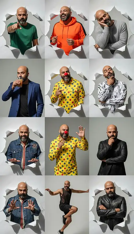 Generate Hyper-realistic Studio-style Collage Featuring Adult Man Facial Match The