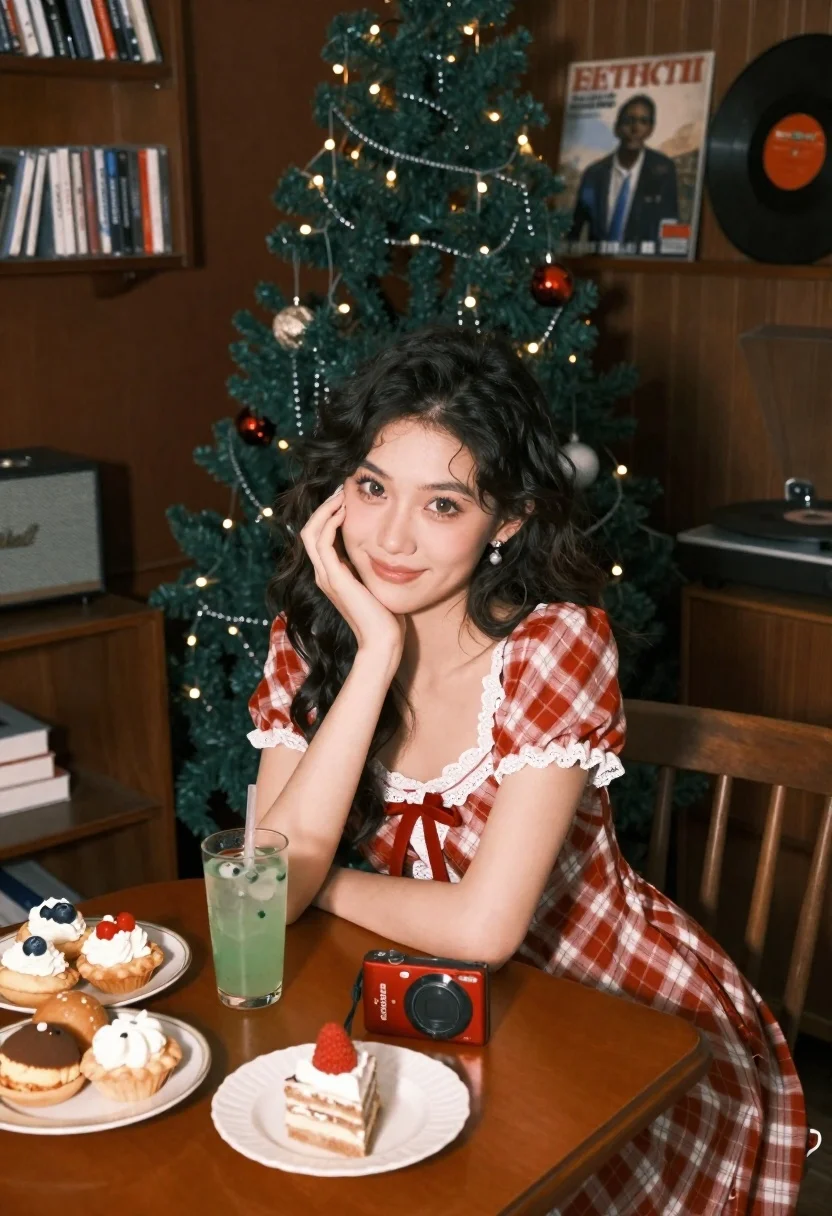 Young Woman With Dark Wavy Hair Sits Wooden Table Cozy
