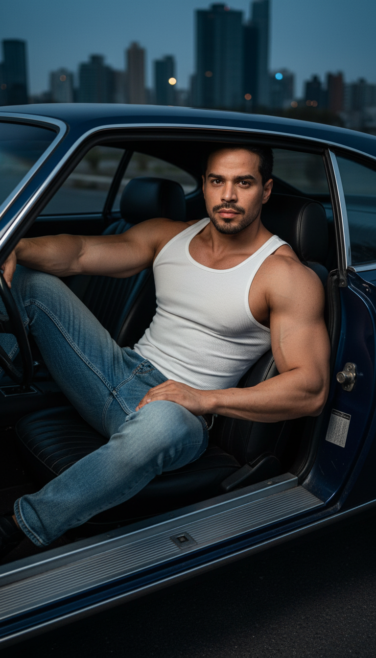 A muscular man in a ribbed tank top seated in a midnight-blue luxury sports car, with dramatic lighting highlighting his features.