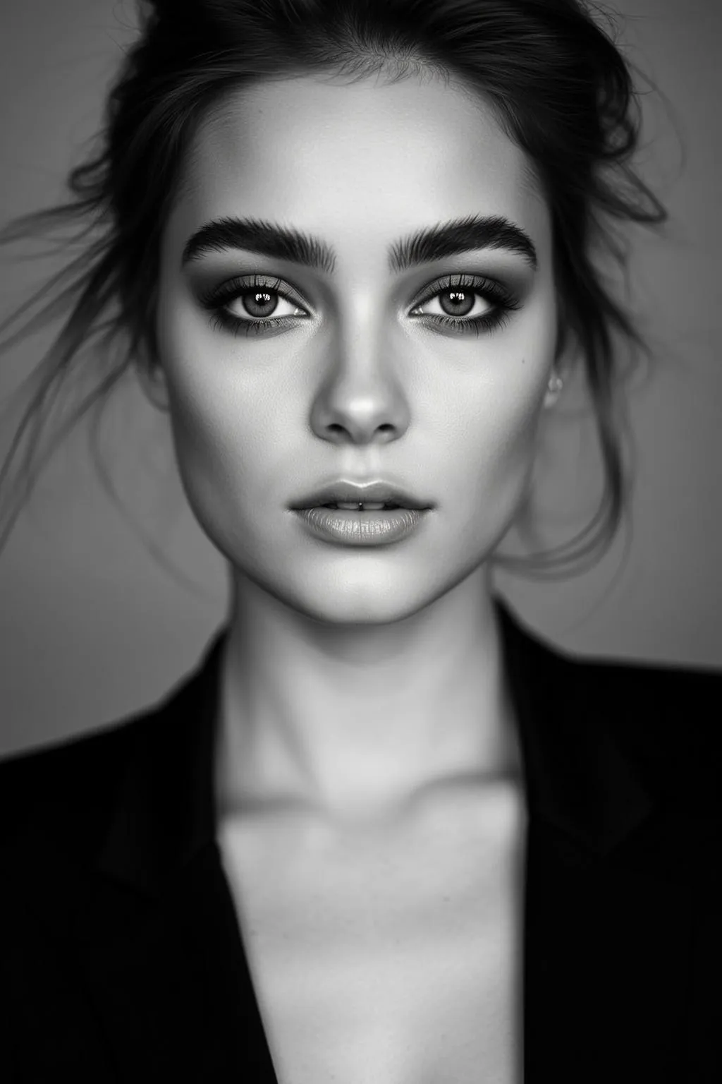 Headshot Black And White Young Woman With Dark Hair Pulled