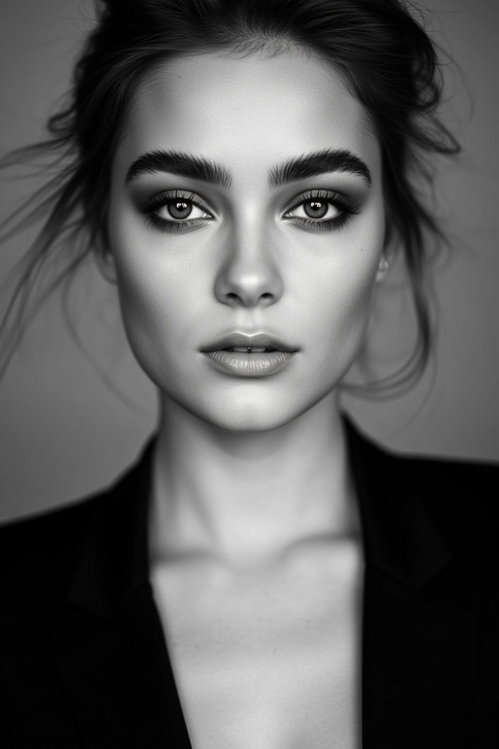 Headshot Black And White Young Woman With Dark Hair Pulled