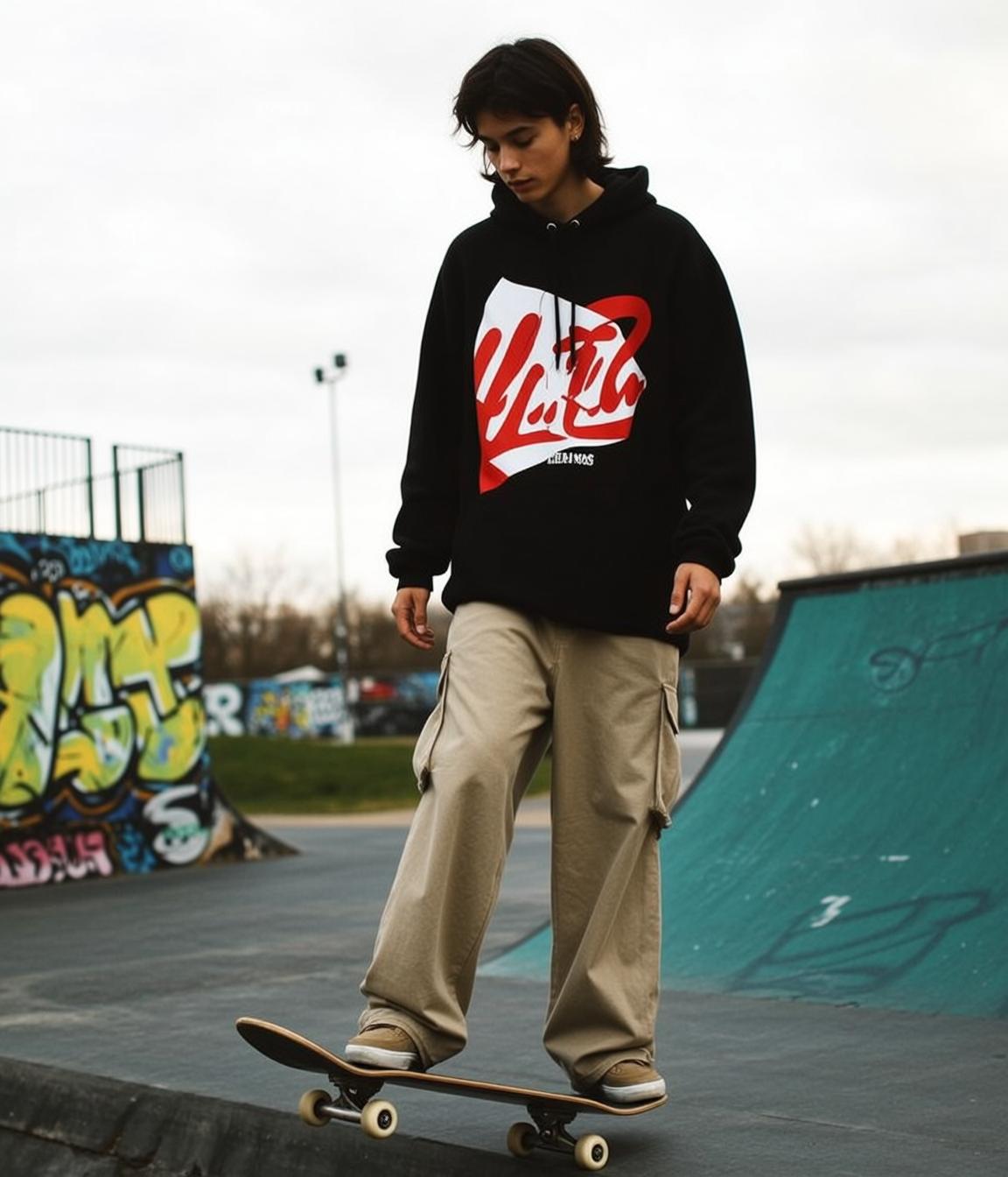 Skatepark Young Man Black Hoodie Tan Cargo Pants