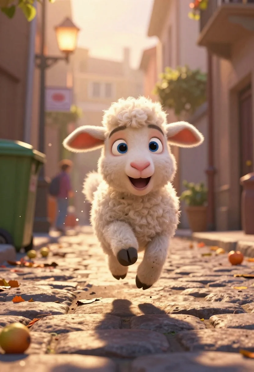 Heartwarming Animated Scene Featuring Joyful Lamb Running Down Narrow Cobblestone reference photo