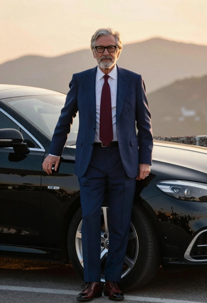 Cinematic Portrait Distinguished Older Man Standing Beside Sleek Black Luxury reference photo
