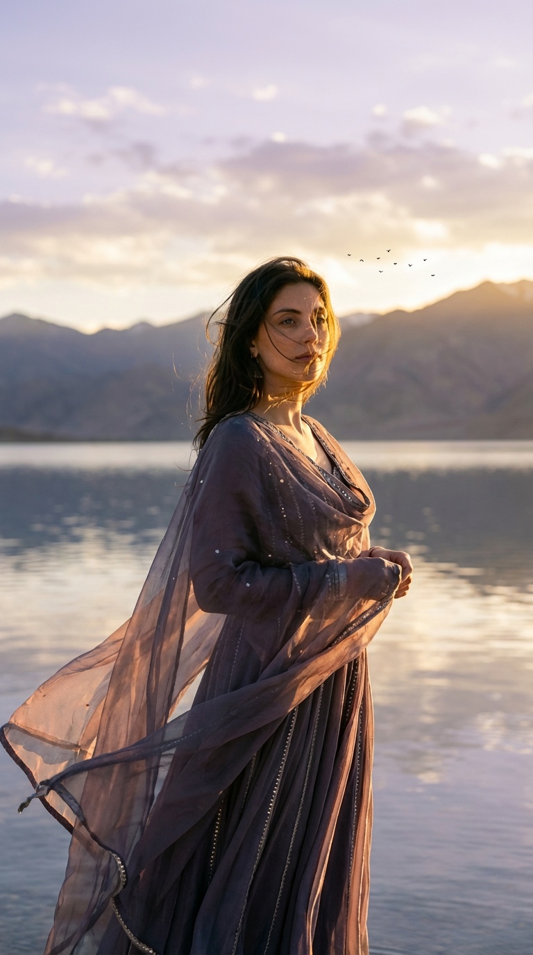 Maya Sikand in a lavender dress by a serene lake at sunset, with a colorful sky reflecting on the water.