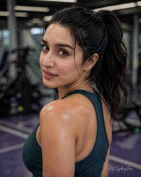 Photorealistic athletic woman in a modern gym, viewed from 3/4 back with high ponytail and relaxed expression.