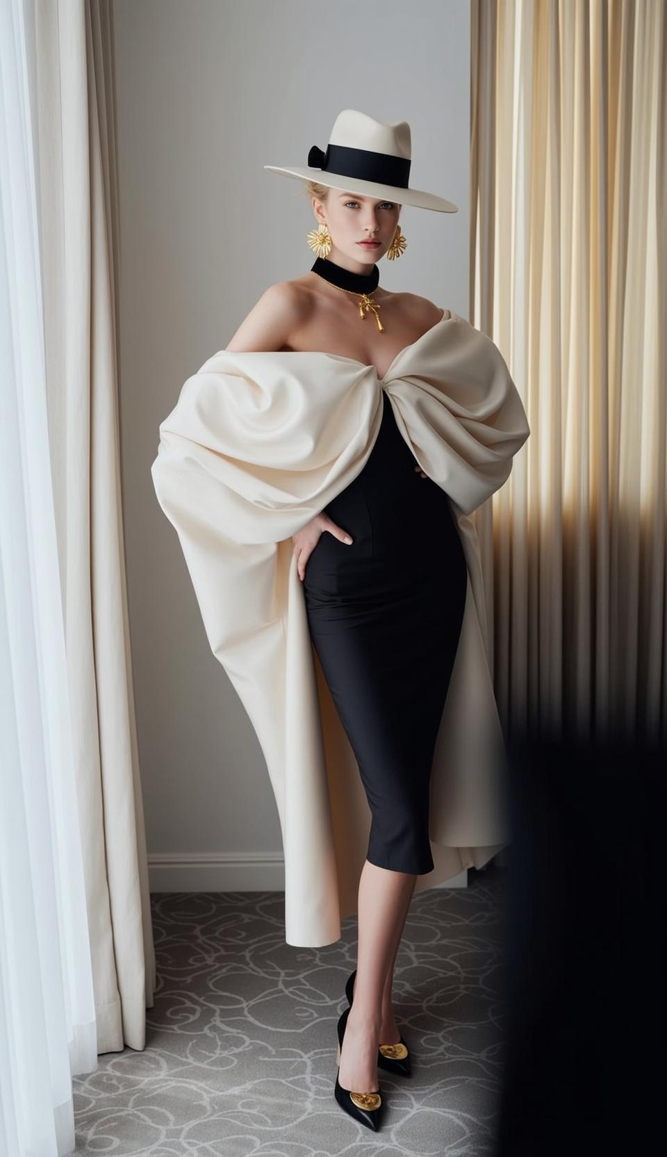 Blonde Updo Woman Cream Cape Gold Jewelry