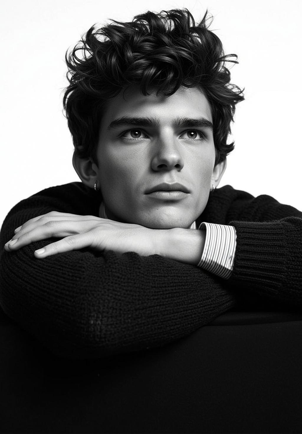Black And White Medium Close-up Portrait Young Man With Dark
