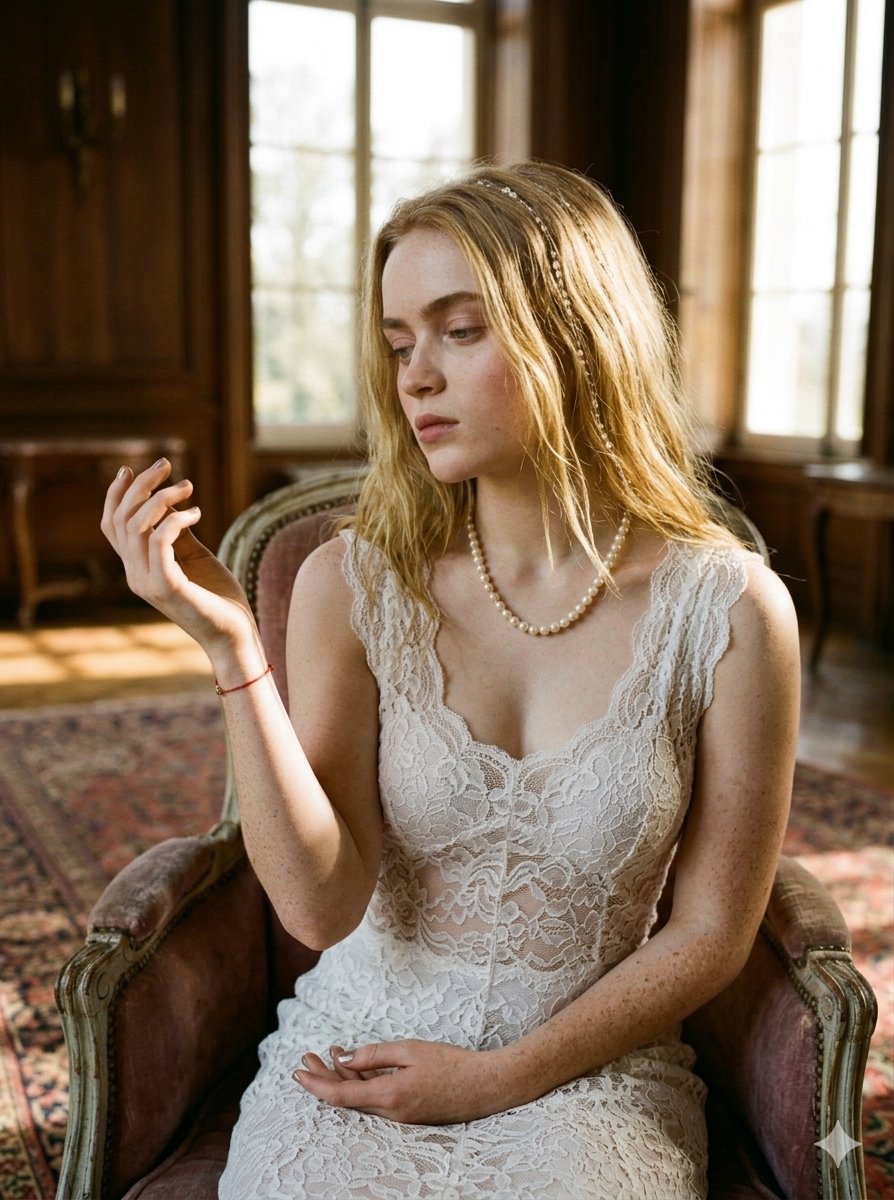 Seated In Antique Armchair White Lace Dress Pearls
